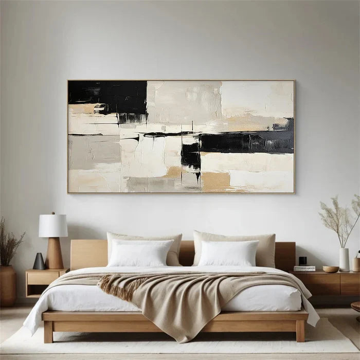 Modern Abstract Black and White Oil Painting for Minimalist Home Decor