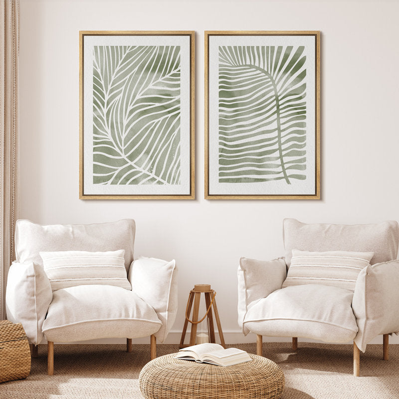Modern Abstract Palm Leaf Art | Sage Green Framed Tropical Wall Decor