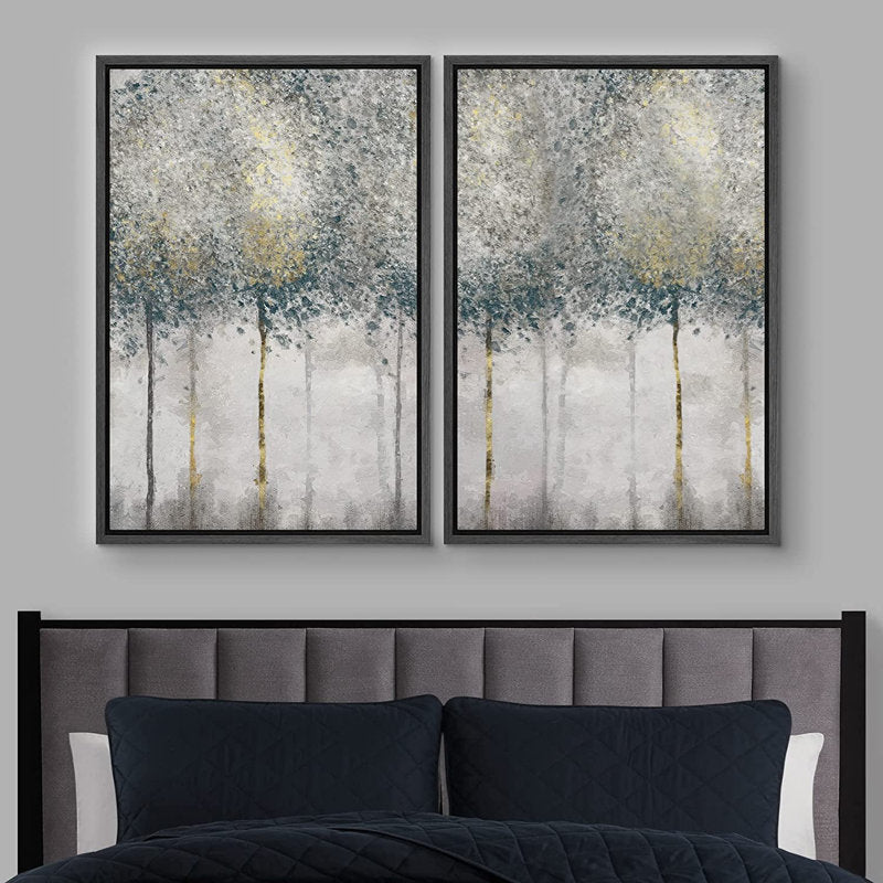 Abstract Forest Oil Painting Set in Teal and Gold - Modern Art for Home Decor