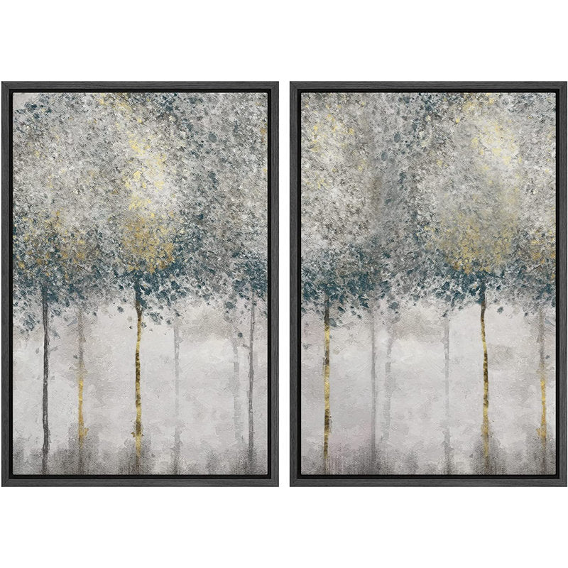 Abstract Forest Oil Painting Set in Teal and Gold - Modern Art for Home Decor