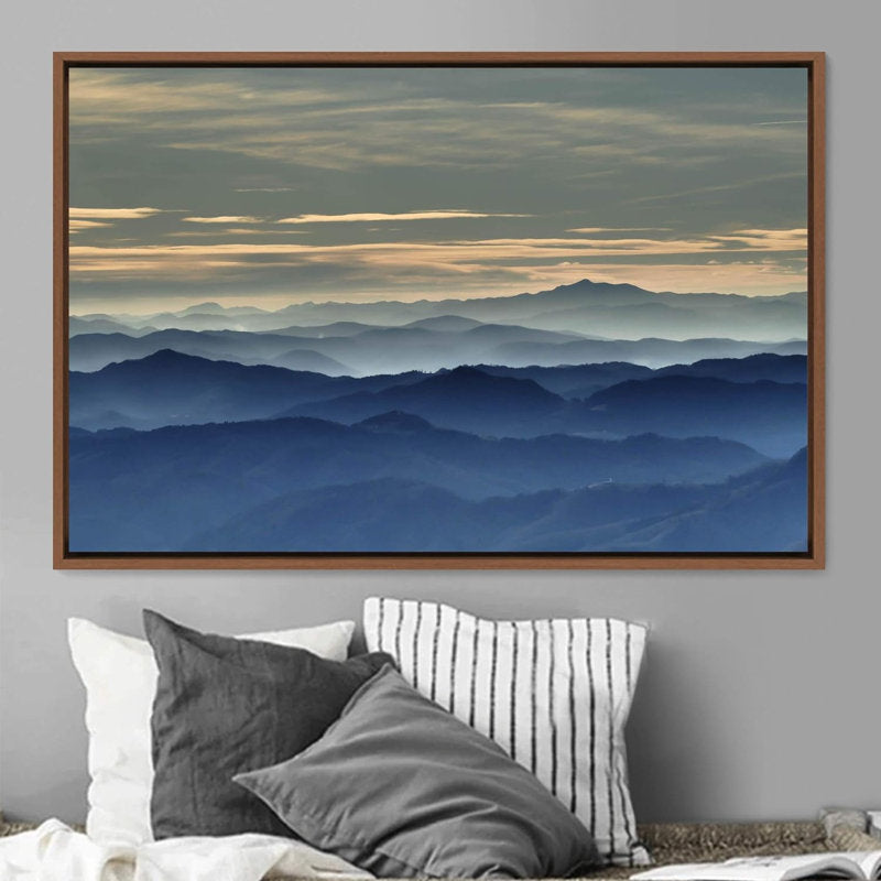 Soft Blue Mountain Cloudscape - Modern Framed Oil Painting for Home & Office Décor