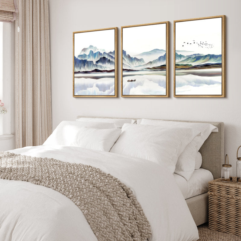 Serene Abstract Landscape with Boat and Mountains – Modern Framed Canvas Wall Art