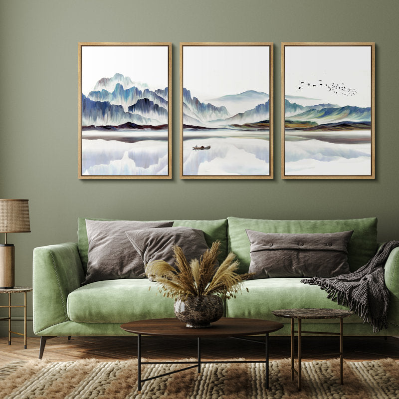 Serene Abstract Landscape with Boat and Mountains – Modern Framed Canvas Wall Art