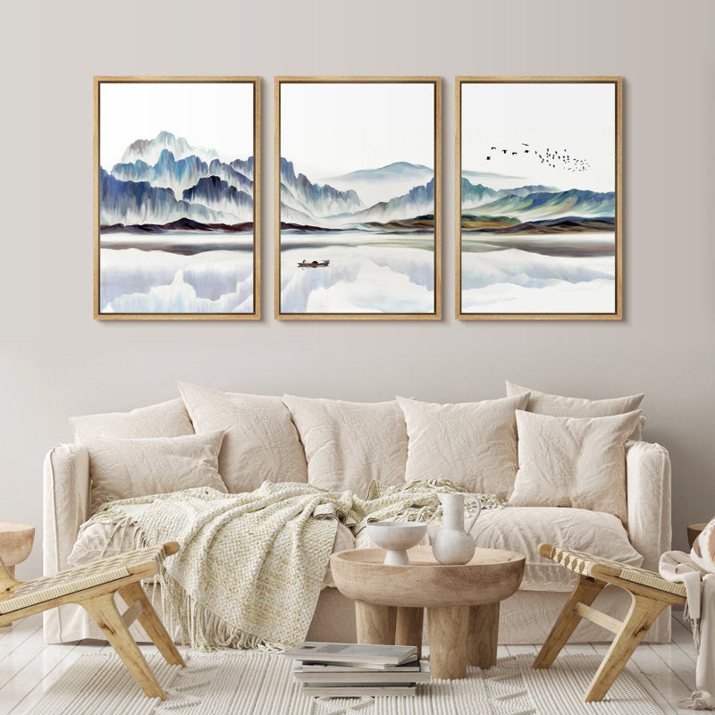 Serene Abstract Landscape with Boat and Mountains – Modern Framed Canvas Wall Art