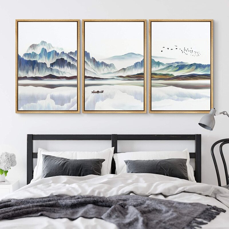 Serene Abstract Landscape with Boat and Mountains – Modern Framed Canvas Wall Art