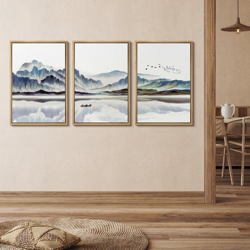 Serene Abstract Landscape with Boat and Mountains – Modern Framed Canvas Wall Art