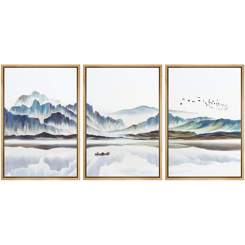 Serene Abstract Landscape with Boat and Mountains – Modern Framed Canvas Wall Art