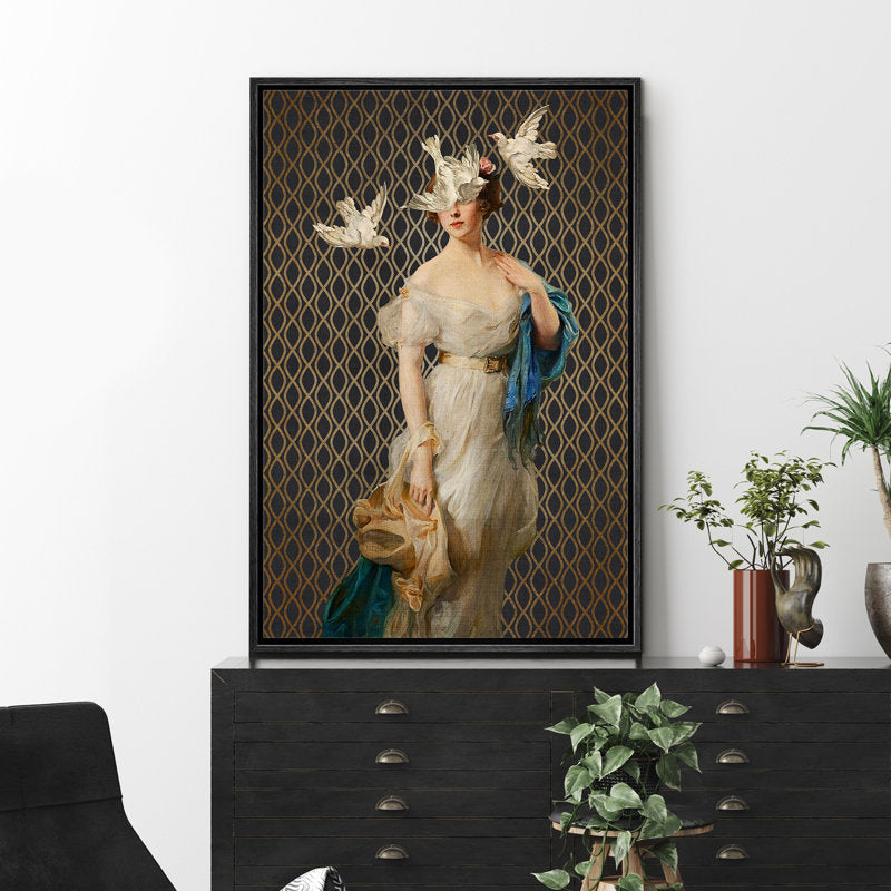Whimsical Victorian Lady with Birds - Framed Retro Oil Painting Wall Art