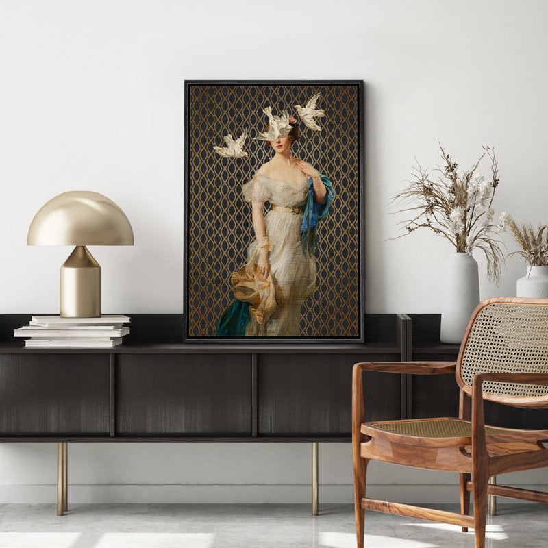 Whimsical Victorian Lady with Birds - Framed Retro Oil Painting Wall Art
