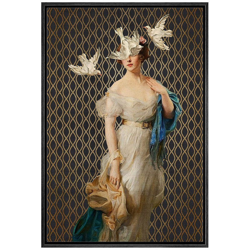 Whimsical Victorian Lady with Birds - Framed Retro Oil Painting Wall Art