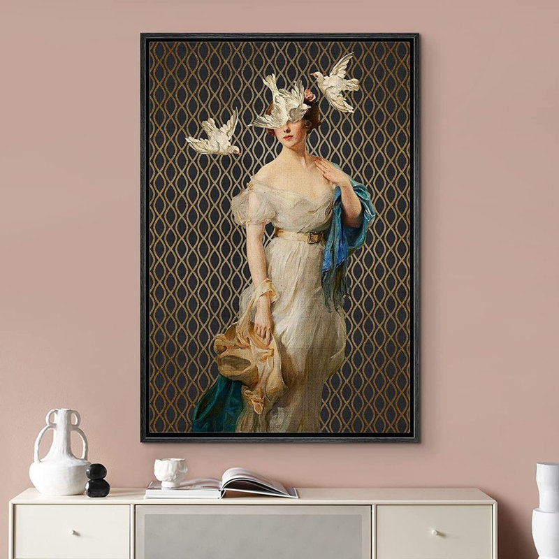 Whimsical Victorian Lady with Birds - Framed Retro Oil Painting Wall Art
