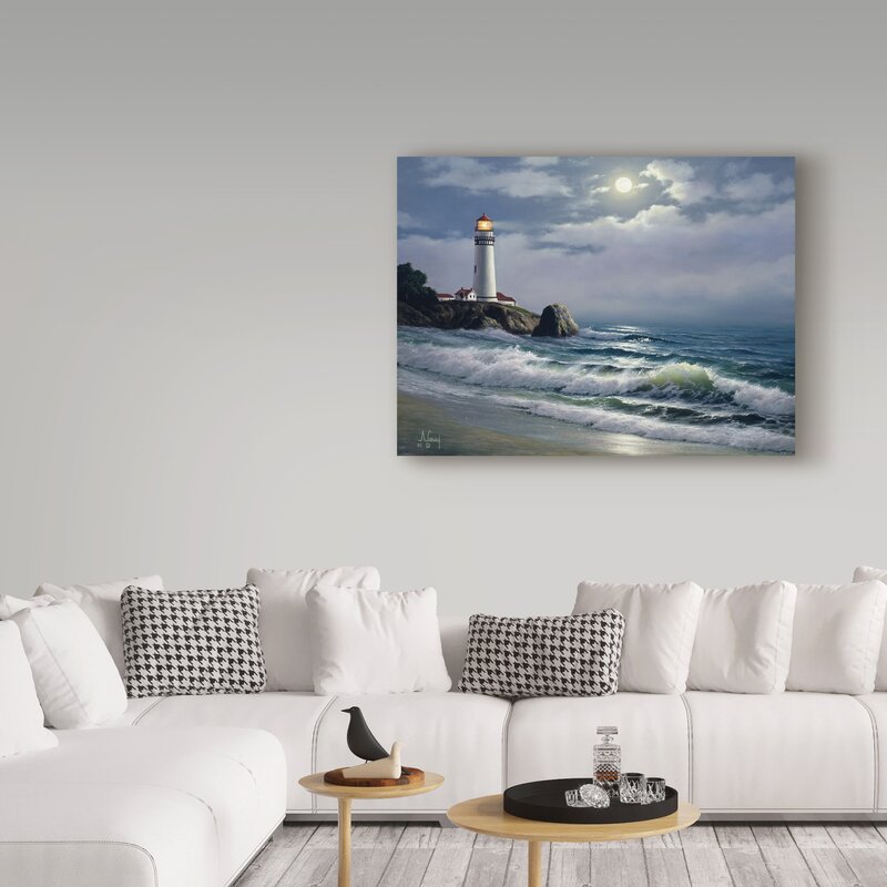 Coastal Lighthouse Serenity - Tranquil Ocean Oil Painting