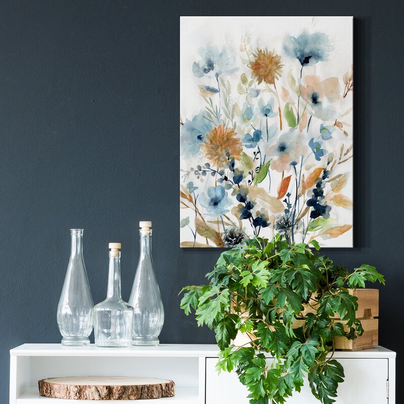 Elegant Floral Oil Painting in Soft Blues and Earthy Tones for Modern Decor