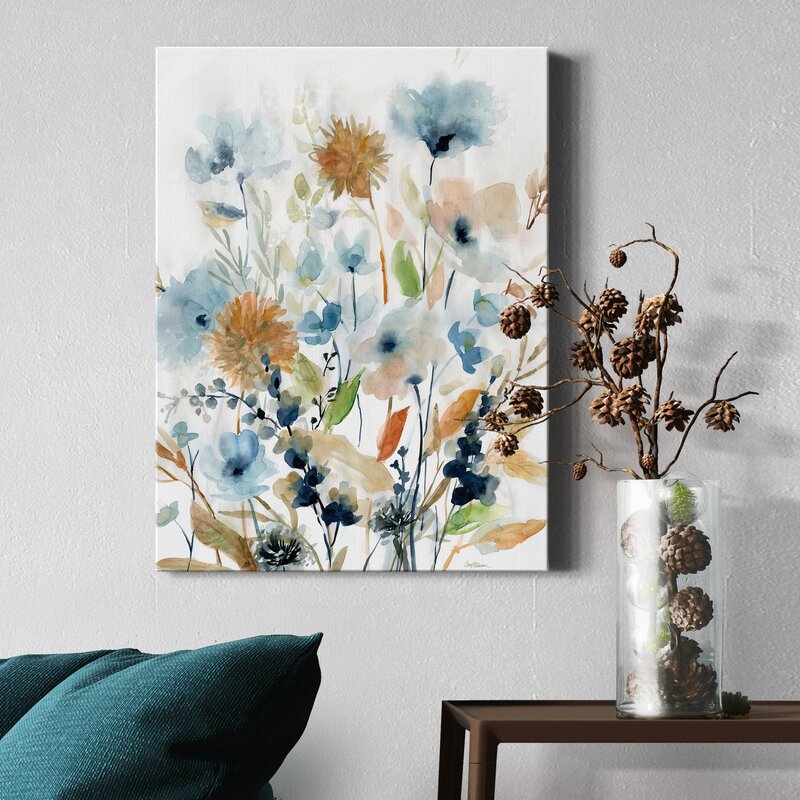 Elegant Floral Oil Painting in Soft Blues and Earthy Tones for Modern Decor
