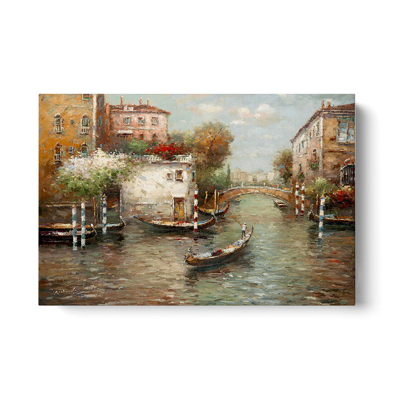 Tranquil Canal Scene with Gondolas and Lush Florals in Vibrant Colors