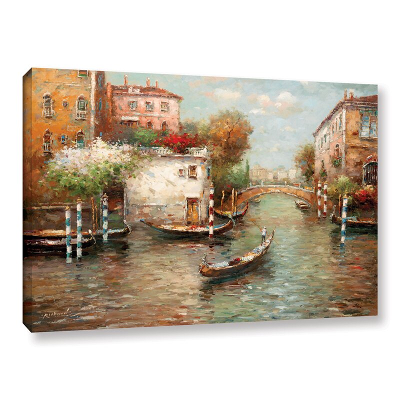 Tranquil Canal Scene with Gondolas and Lush Florals in Vibrant Colors