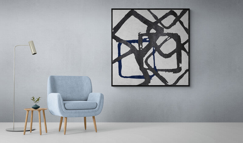 Dynamic Abstract Lines in Black and Navy Oil Painting for Modern Home Decor