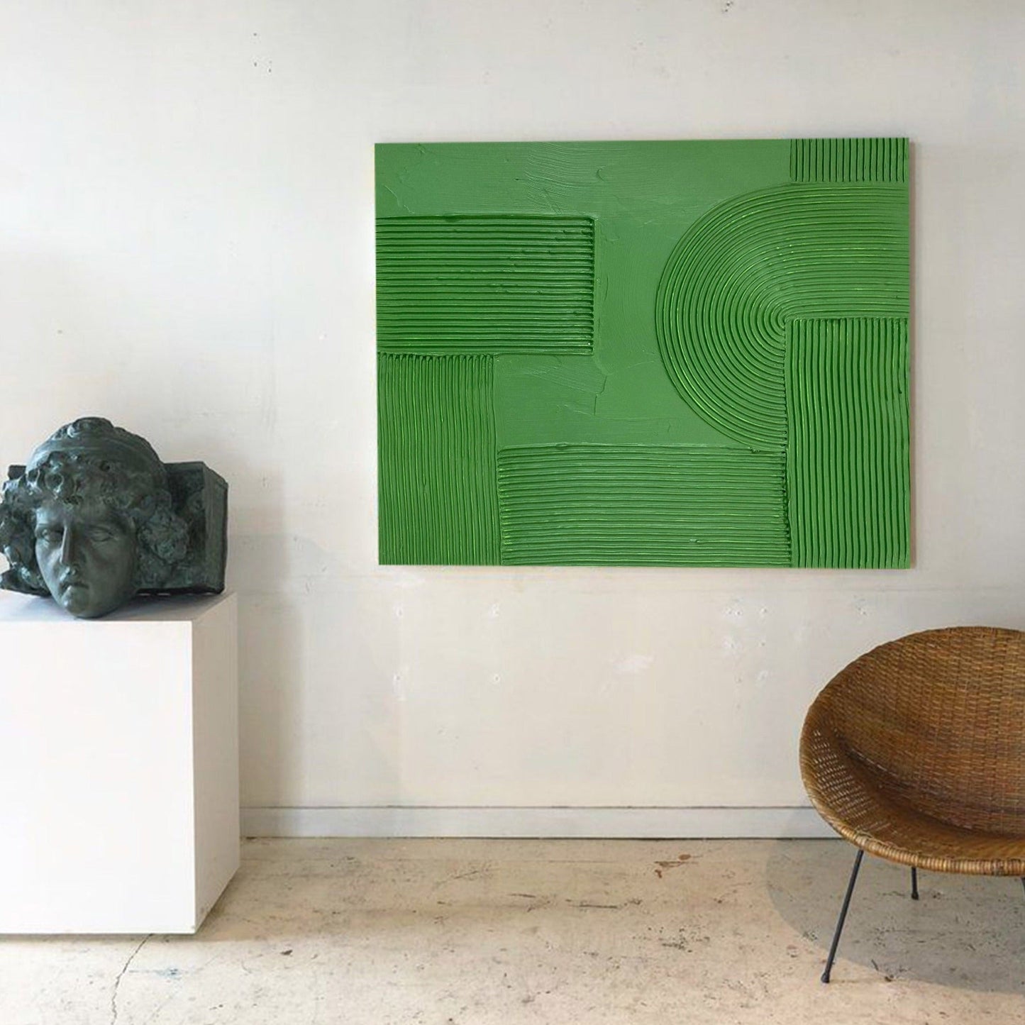Abstract Green Oil Painting with Textured Minimalist Design for Modern Decor