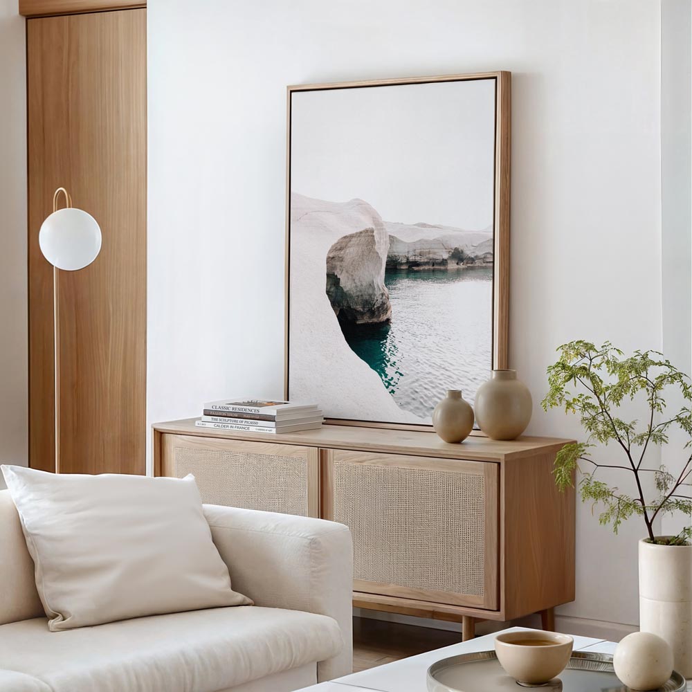 Serene Coastal Landscape: Vibrant Azure Waters and Majestic Stone Formations