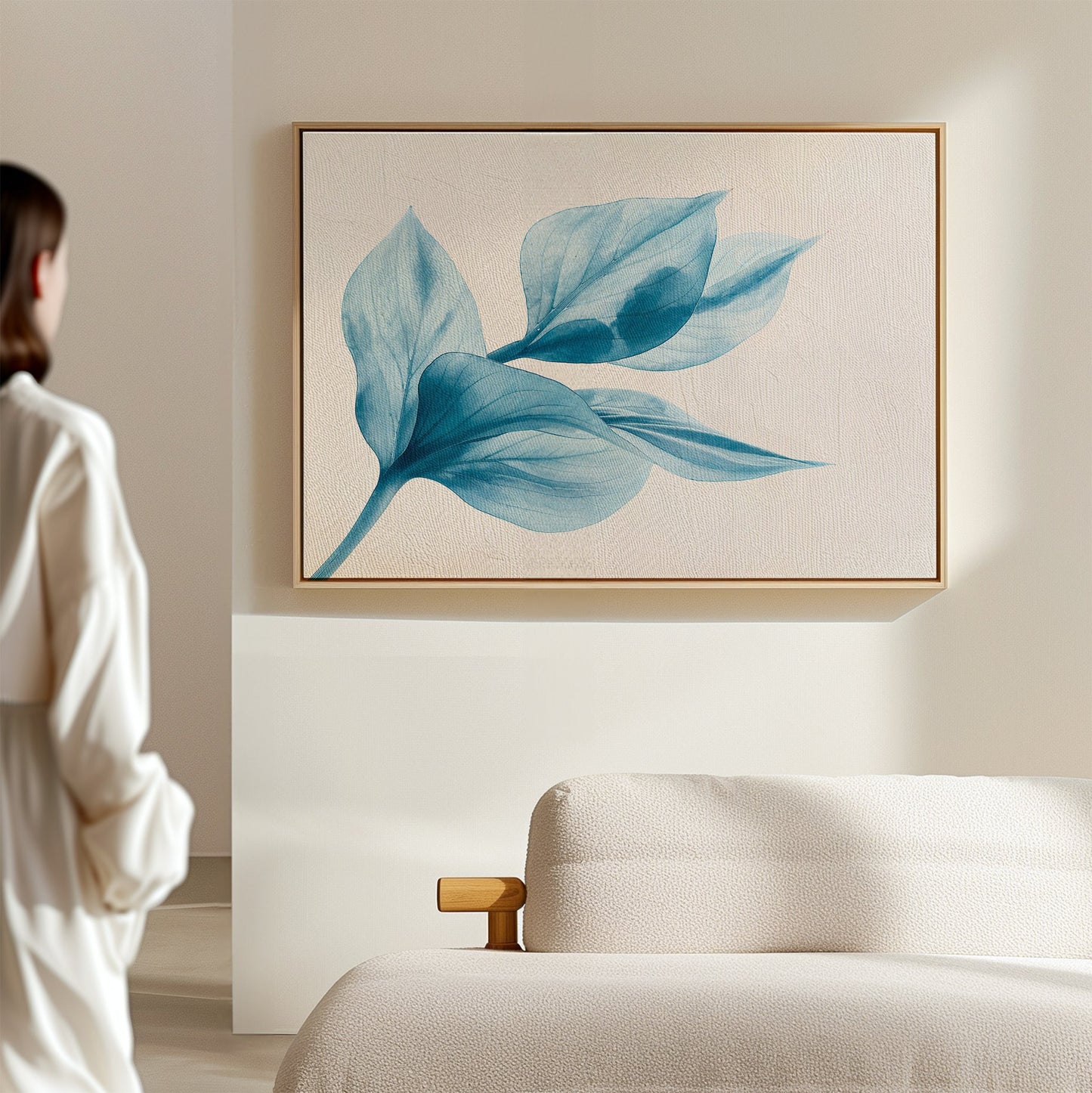Blue Abstract Leaf Oil Painting for Modern Home Decor
