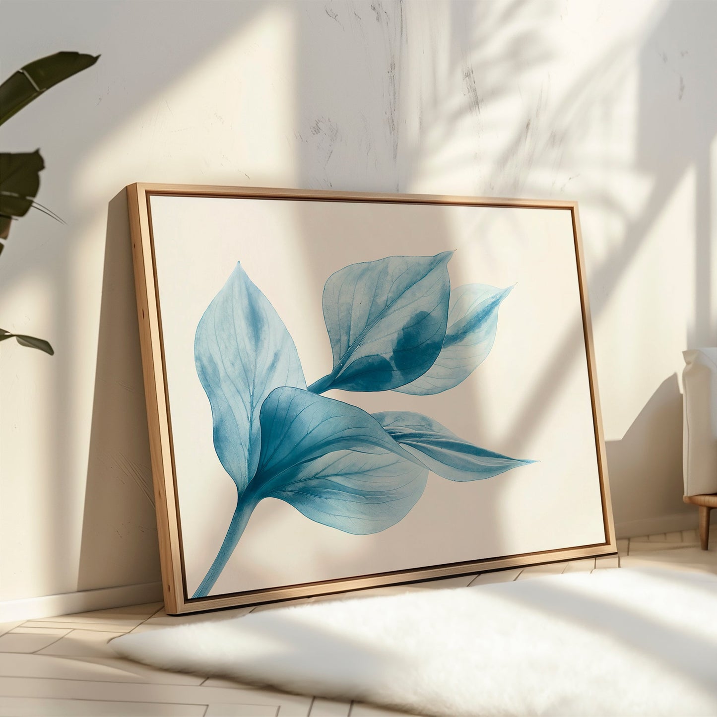Blue Abstract Leaf Oil Painting for Modern Home Decor
