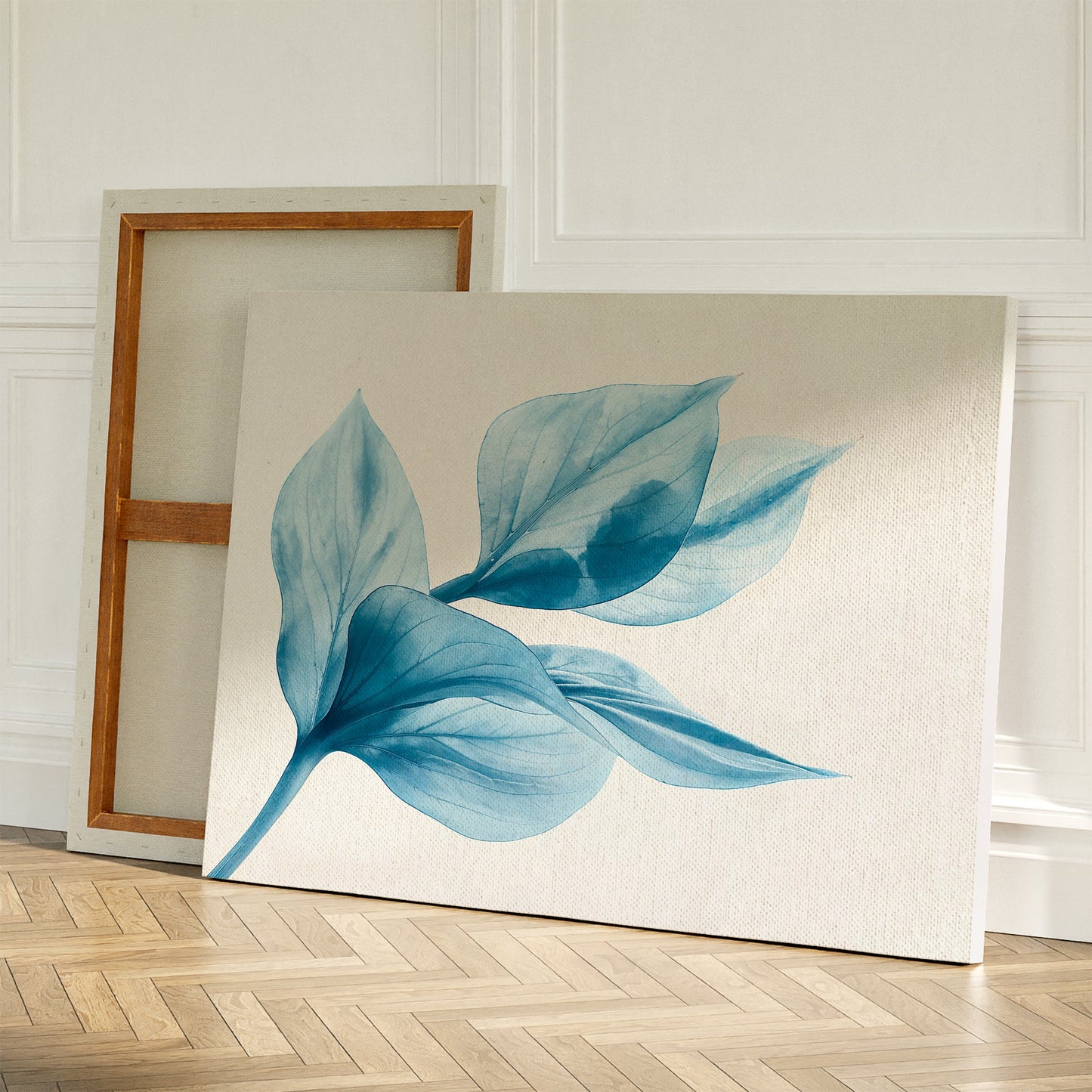 Blue Abstract Leaf Oil Painting for Modern Home Decor