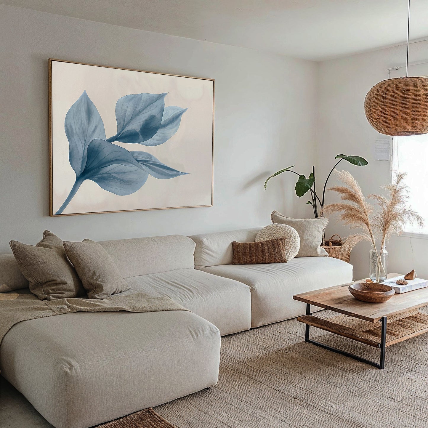 Blue Abstract Leaf Oil Painting for Modern Home Decor