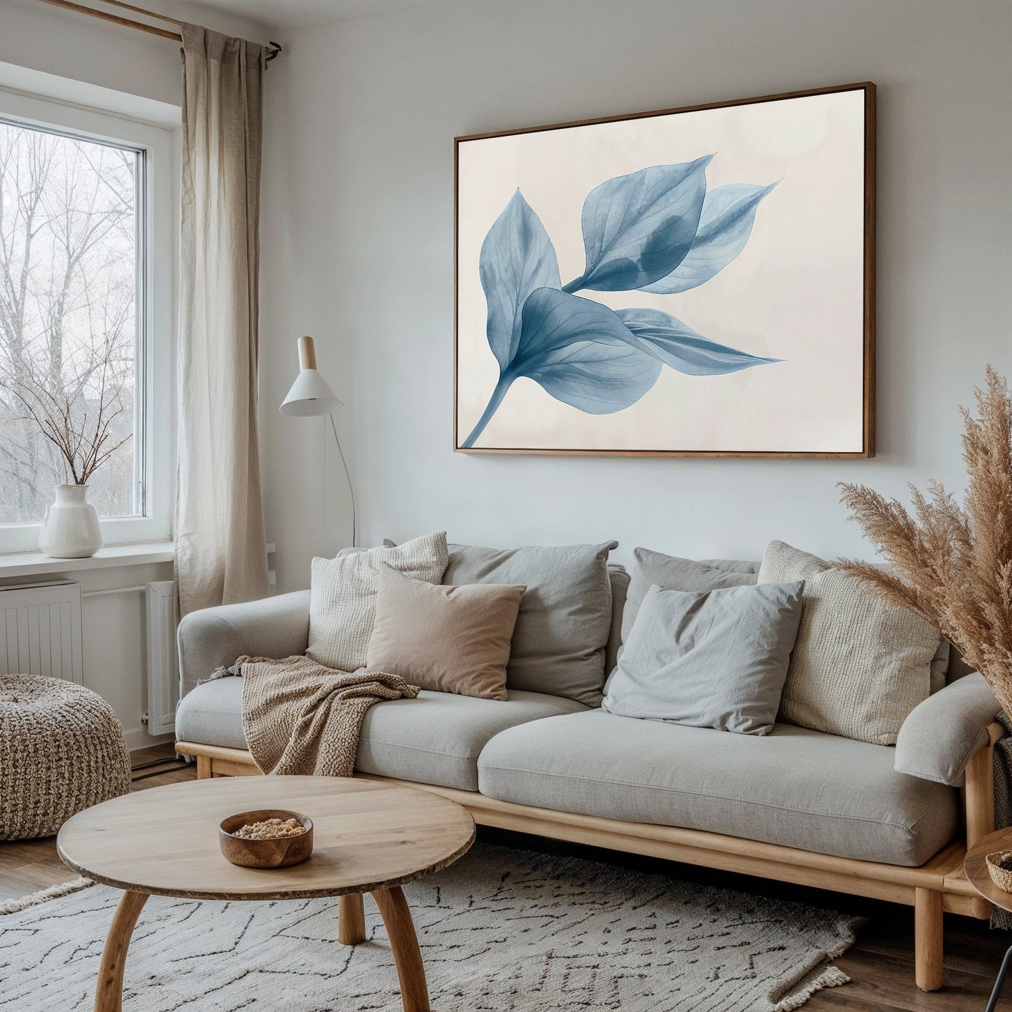 Blue Abstract Leaf Oil Painting for Modern Home Decor