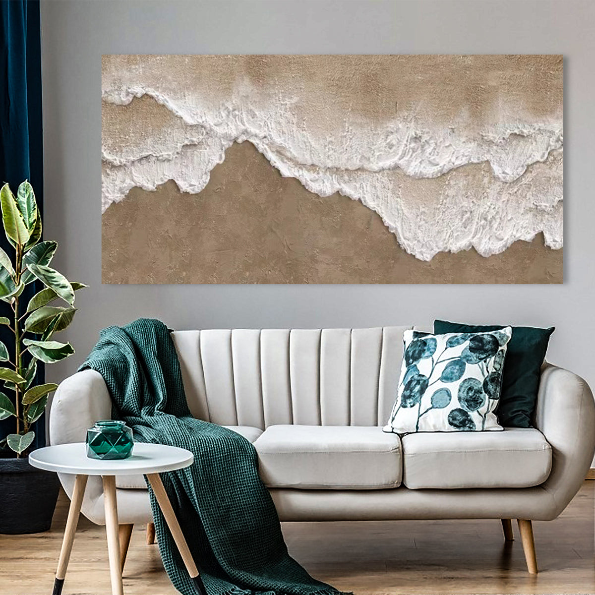 Coastal Serenity: Textured Oil Painting of Waves on a Sandy Shoreline