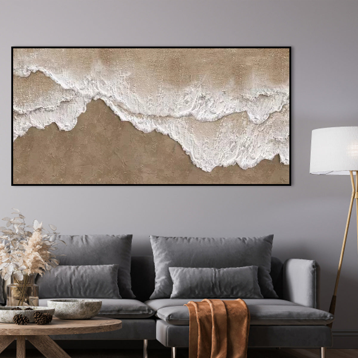 Coastal Serenity: Textured Oil Painting of Waves on a Sandy Shoreline