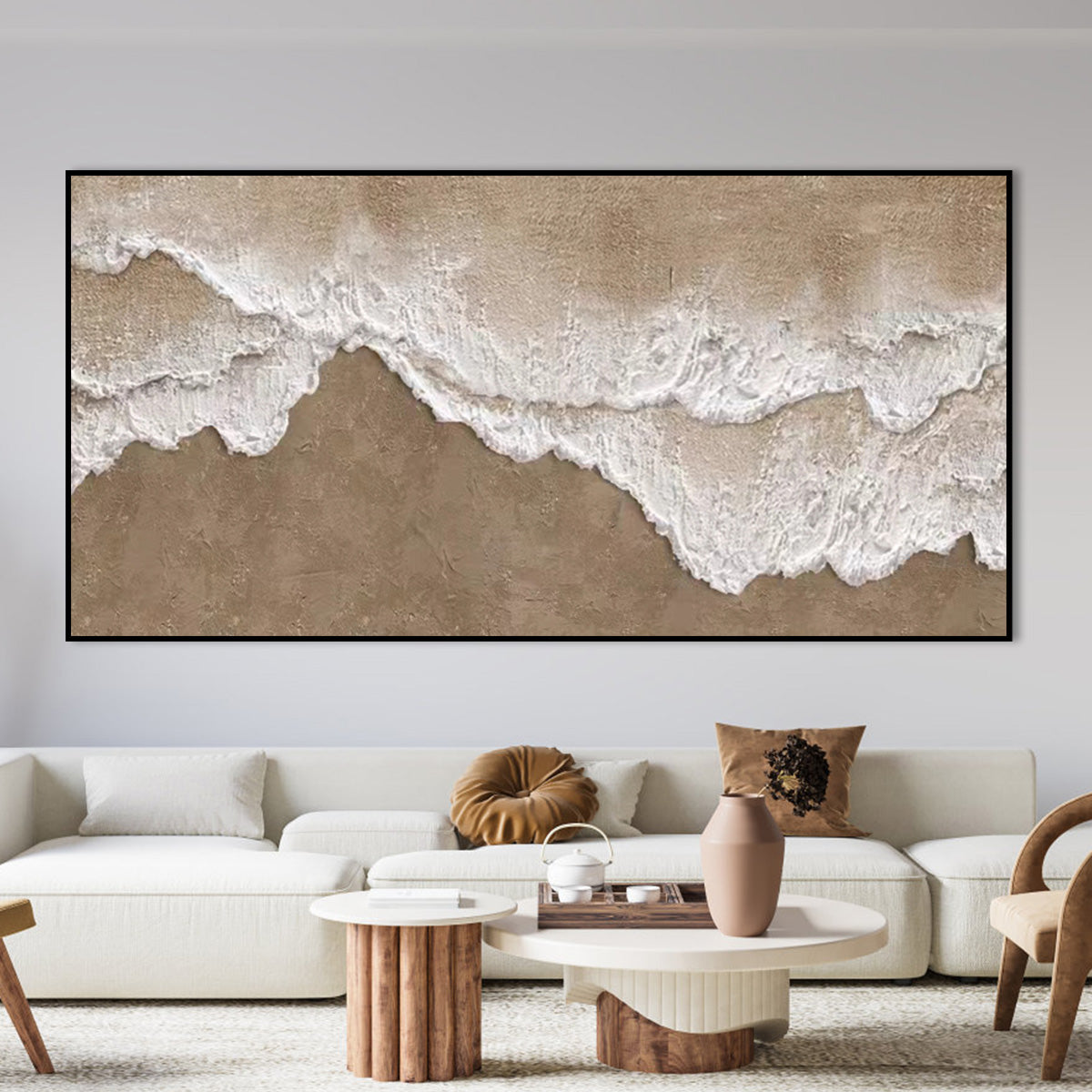 Coastal Serenity: Textured Oil Painting of Waves on a Sandy Shoreline