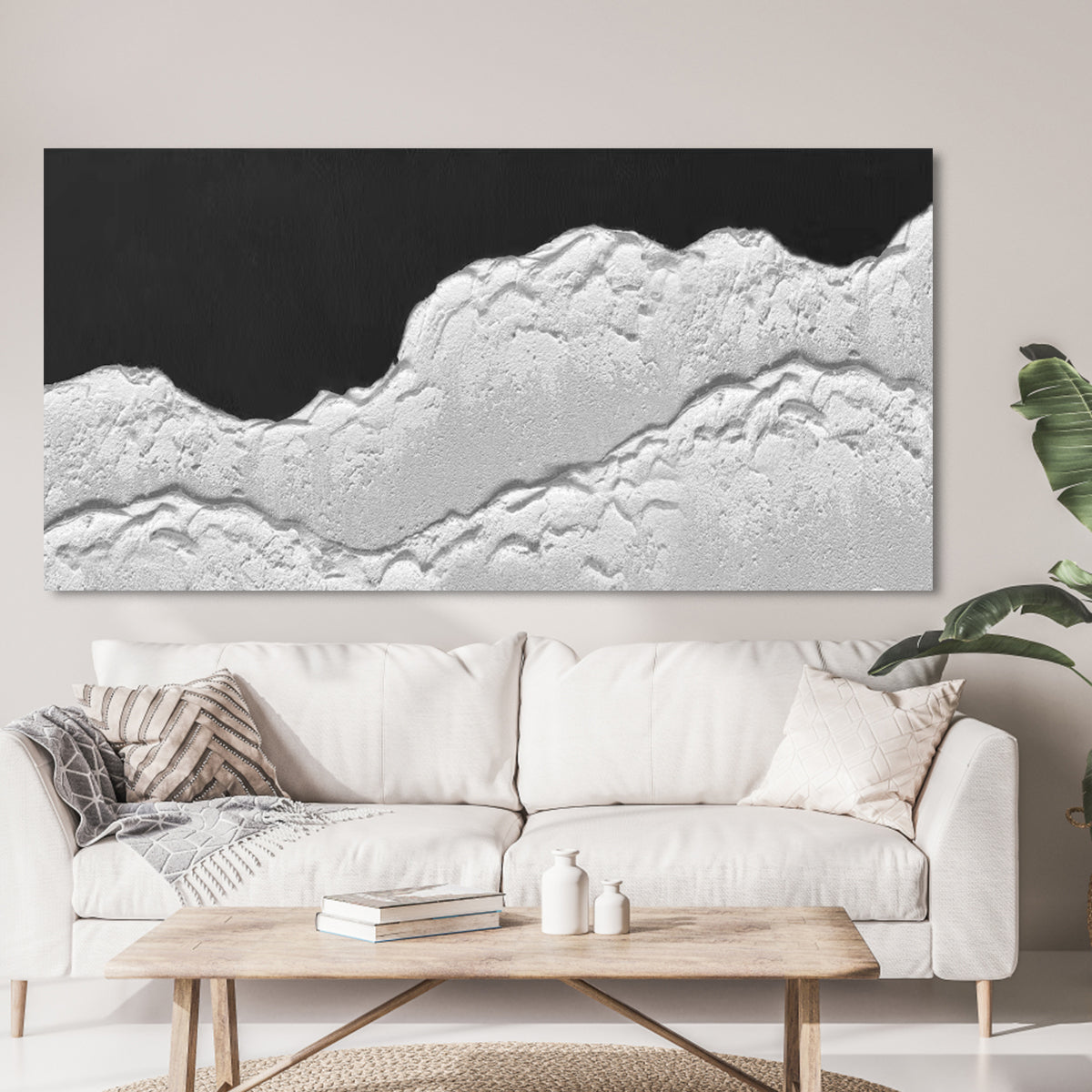 Elegant Monochrome Waves: Textured Black and White Oil Painting for Modern Home Decor