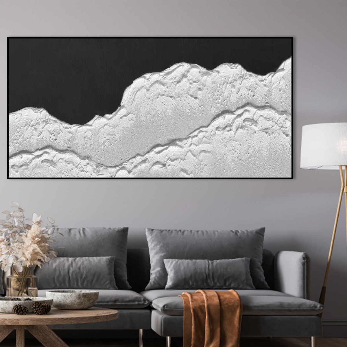 Elegant Monochrome Waves: Textured Black and White Oil Painting for Modern Home Decor