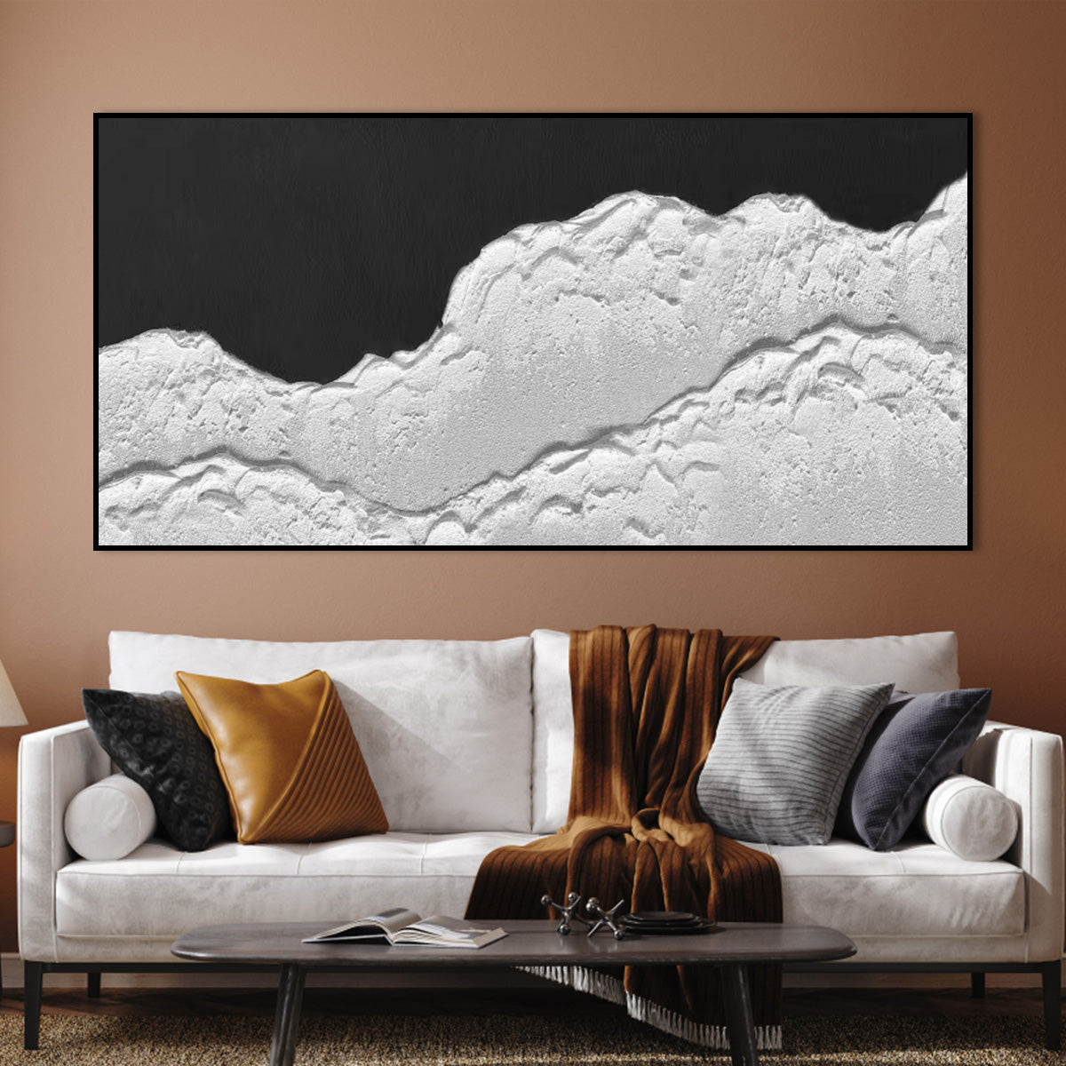 Elegant Monochrome Waves: Textured Black and White Oil Painting for Modern Home Decor