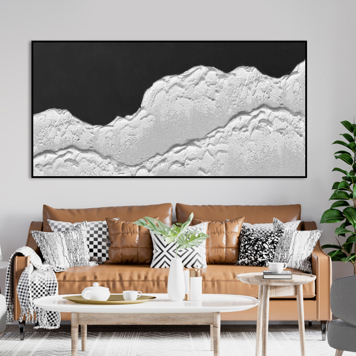 Elegant Monochrome Waves: Textured Black and White Oil Painting for Modern Home Decor