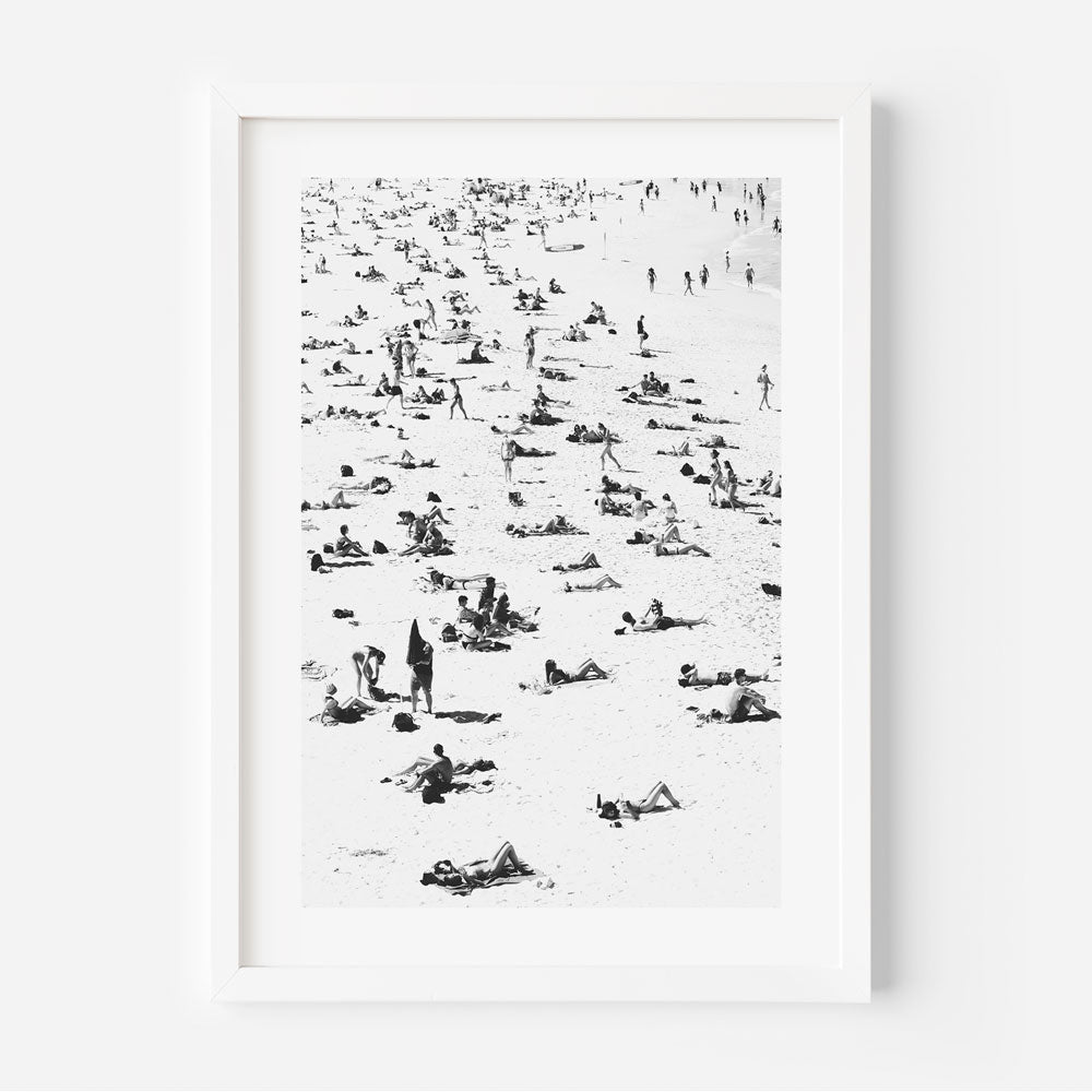 Beach Day Bliss: A Black and White Oil Painting of Sunbathers at Bondi Beach