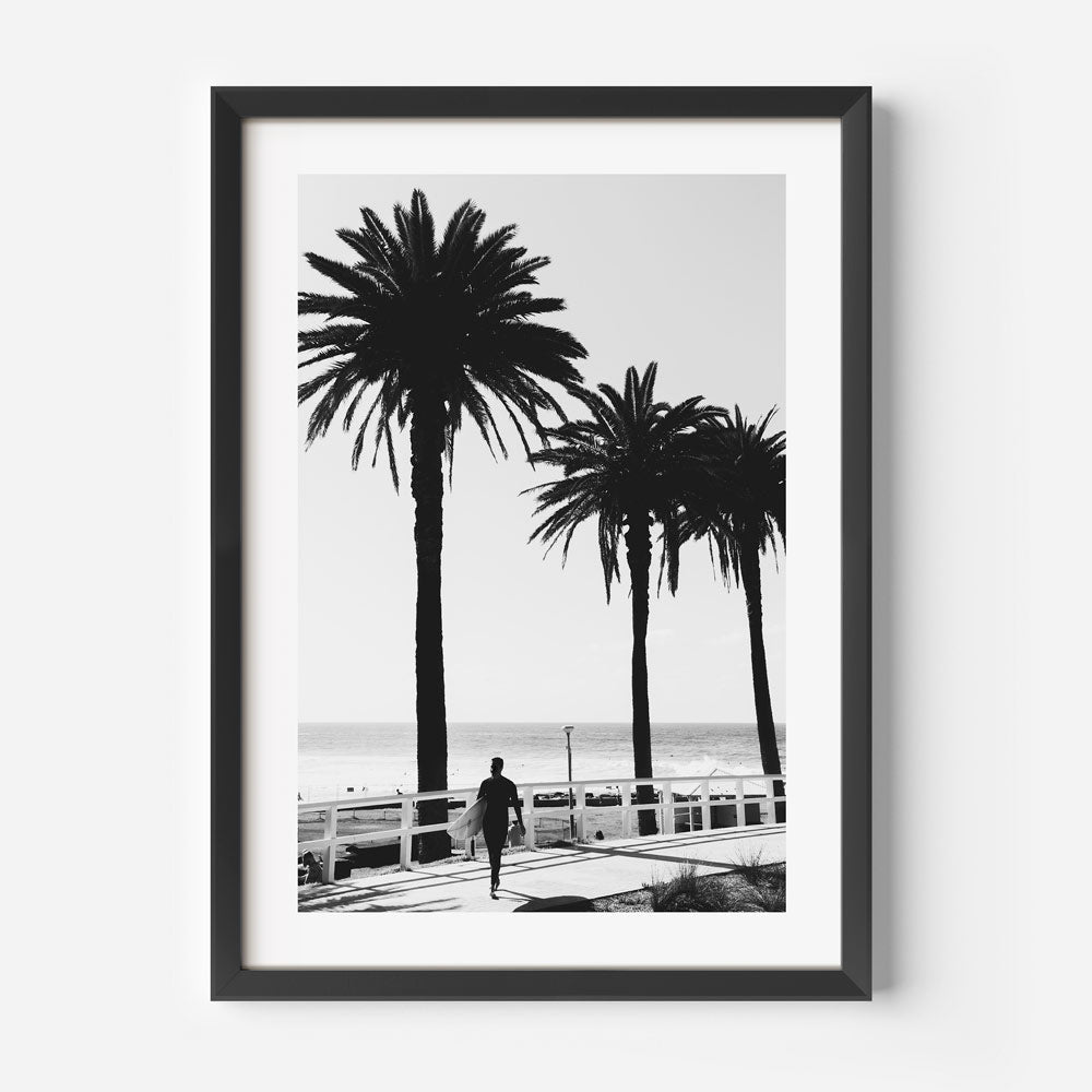 Serene Black and White Surfer Art with Palm Trees by the Ocean