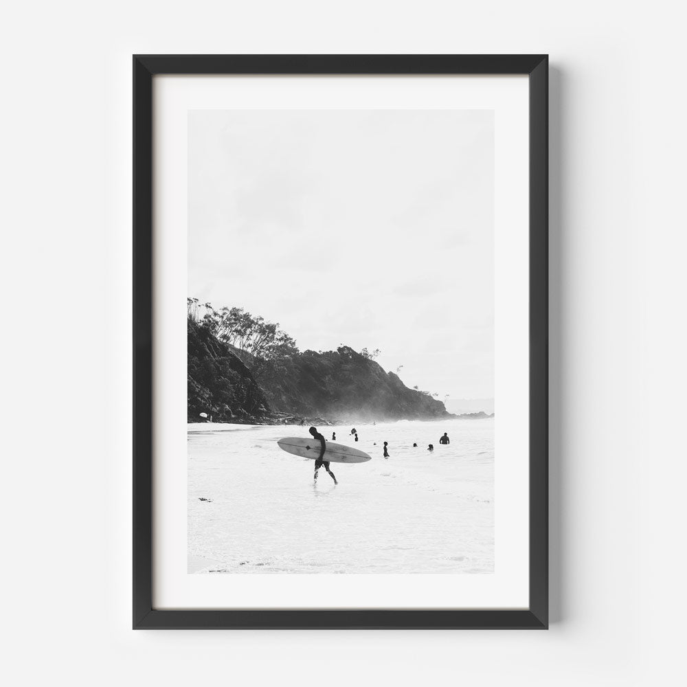 Monochrome Surfers at Wategos Beach - Elegant Coastal Oil Painting