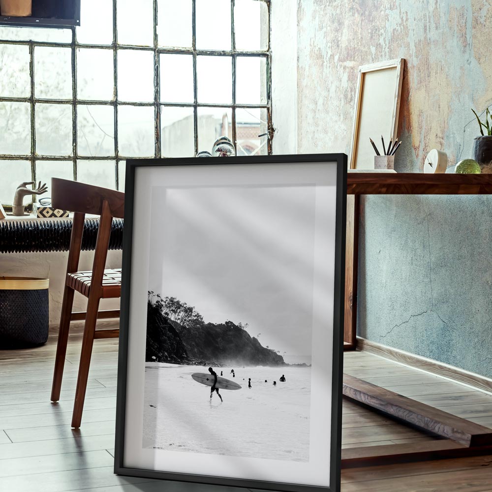 Monochrome Surfers at Wategos Beach - Elegant Coastal Oil Painting