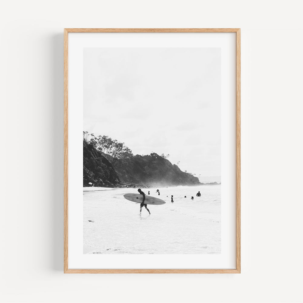 Monochrome Surfers at Wategos Beach - Elegant Coastal Oil Painting