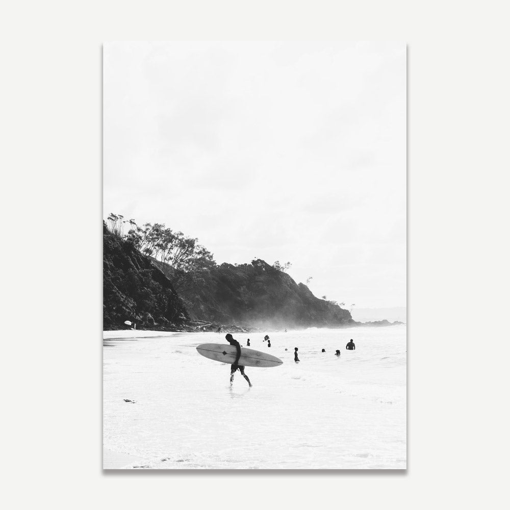 Monochrome Surfers at Wategos Beach - Elegant Coastal Oil Painting