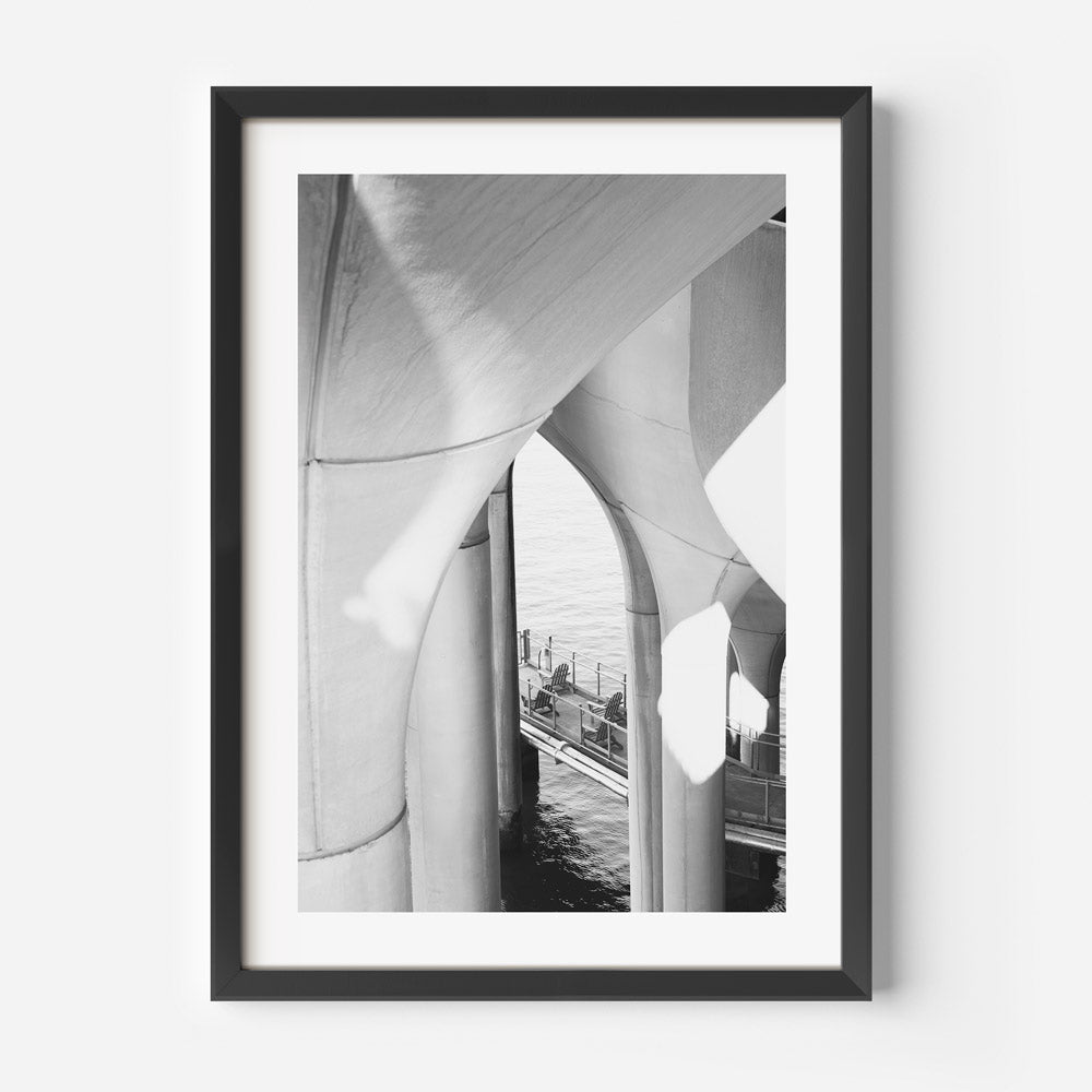 Black and White Abstract Island View Under Archways - Modern Oil Painting