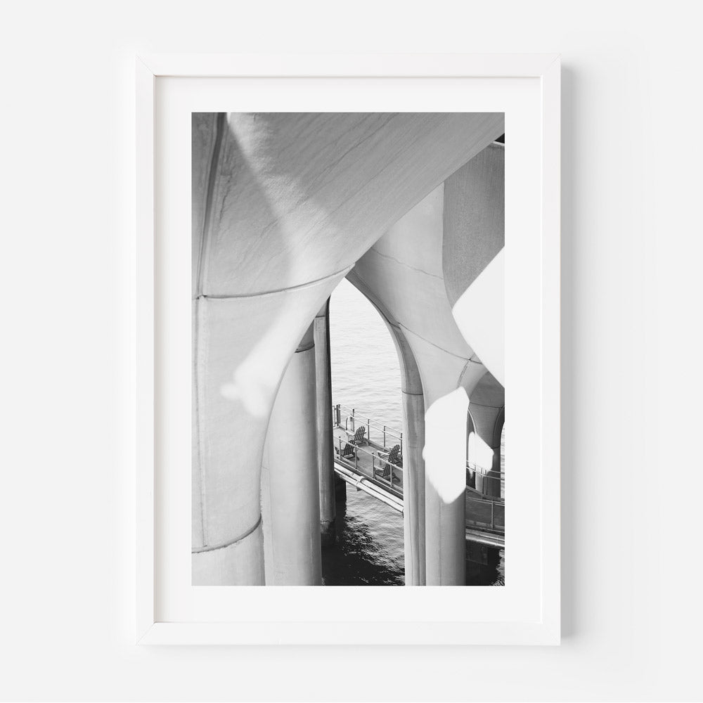 Black and White Abstract Island View Under Archways - Modern Oil Painting