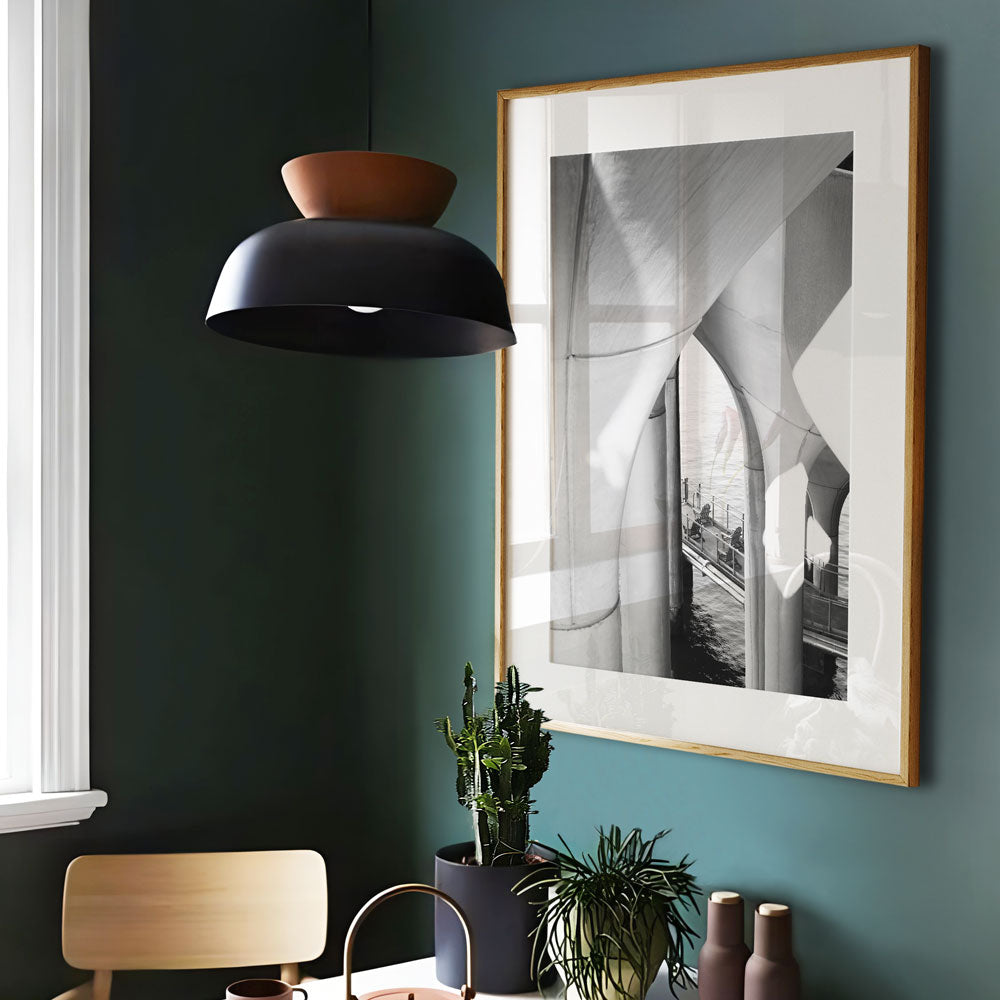 Black and White Abstract Island View Under Archways - Modern Oil Painting