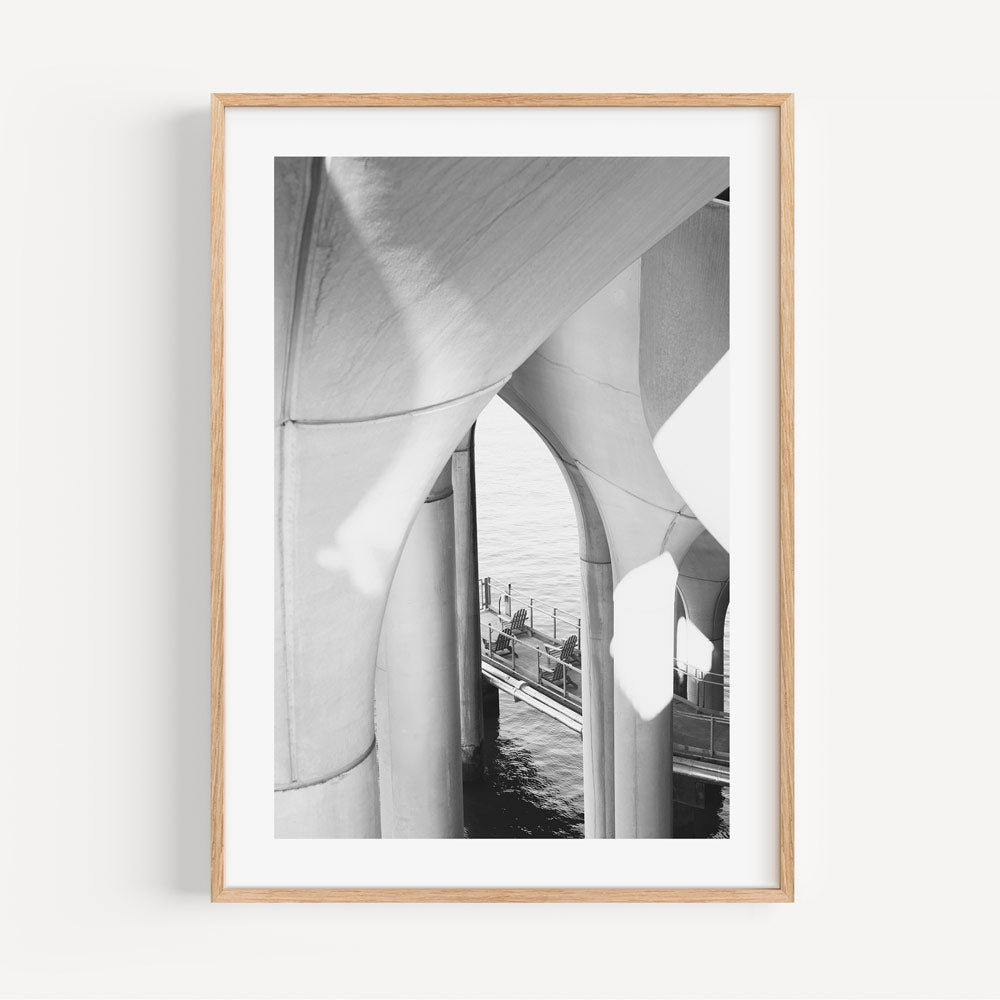 Black and White Abstract Island View Under Archways - Modern Oil Painting