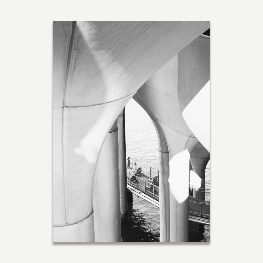 Black and White Abstract Island View Under Archways - Modern Oil Painting