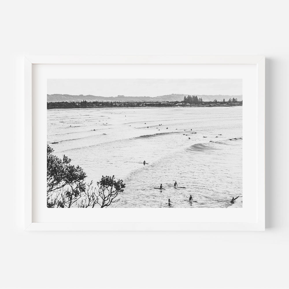 Serene Ocean Waves with Surfers in Black and White Art Print