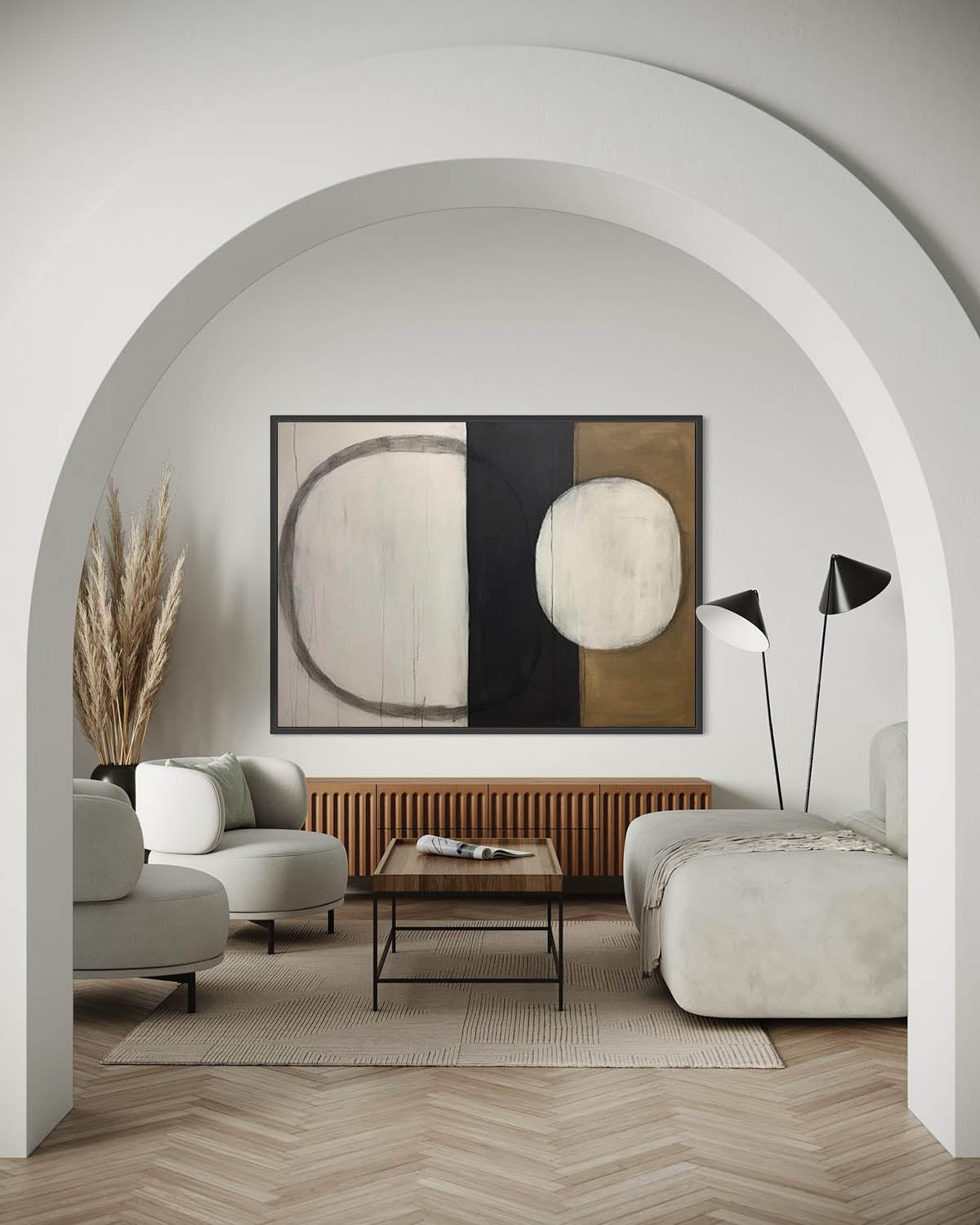 Contemporary Geometric Oil Painting with Abstract Circle and Line Design