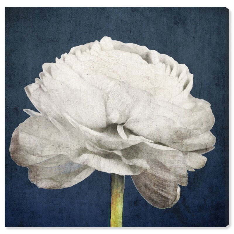 Elegant White Floral Oil Painting on Blue Background - Modern Botanical Art Print