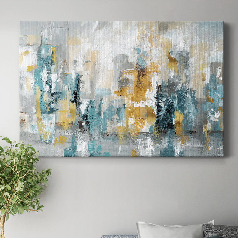Abstract Cityscape Oil Painting with Teal and Gold Tones for Modern Art Lovers
